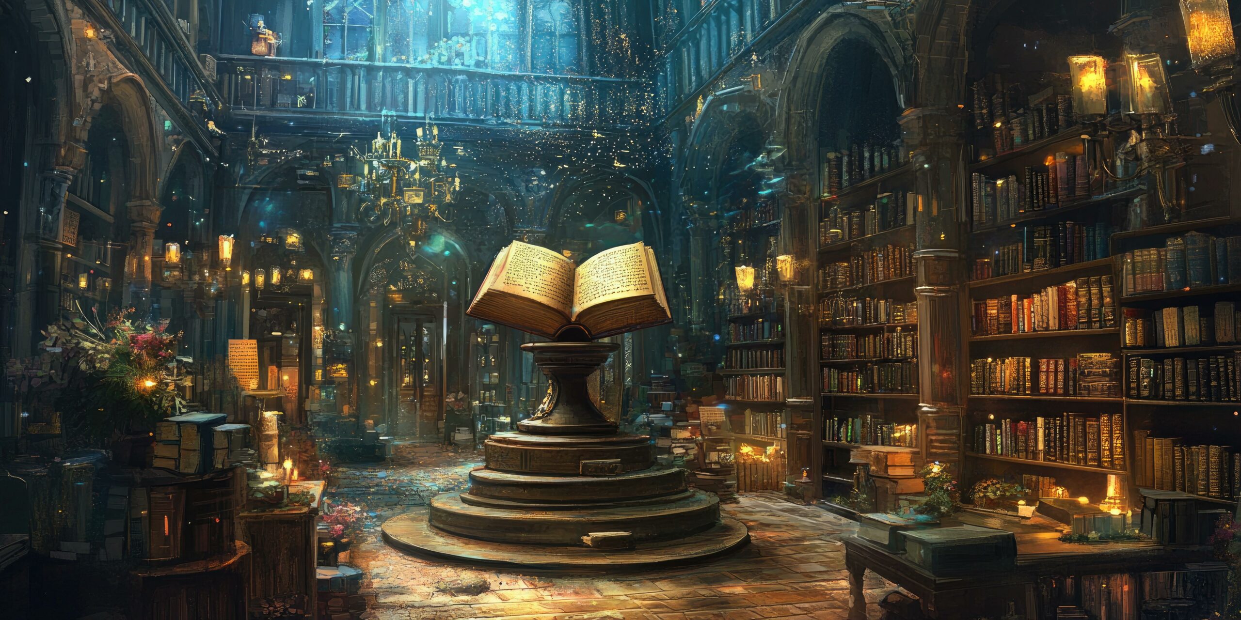 An ancient, magical library with glowing books.